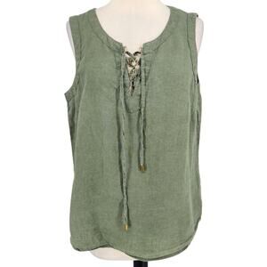 Ellen Tracy Linen Lace-Up Top – Green Sleeveless Relaxed Fit